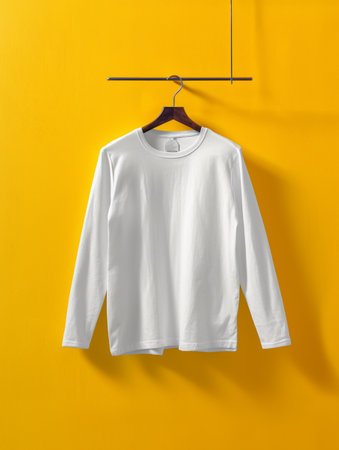 Blank white t-shirt hanging on hanger on yellow wallの素材