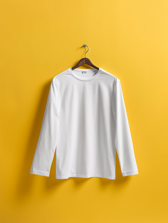 White t-shirt hanging on a hanger on a yellow backgroundの素材