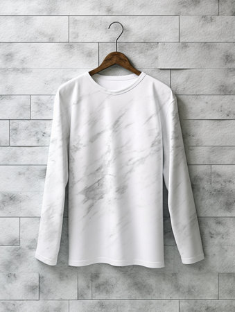 Blank white t-shirt hanging on wooden hangerle wallの素材