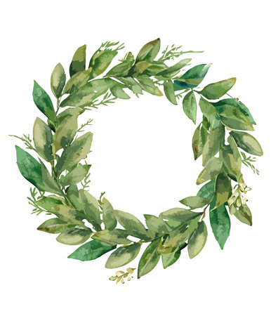 Watercolor wreath with green branches and leaves. Hand drawn illustration.のイラスト素材