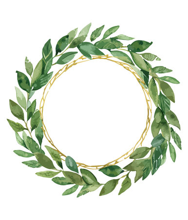 Watercolor wreath with green leaves and gold chains on white backgroundのイラスト素材