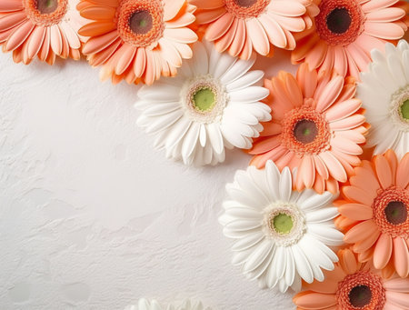 Beautiful gerbera flowers on grey background, top view. Space for textの素材