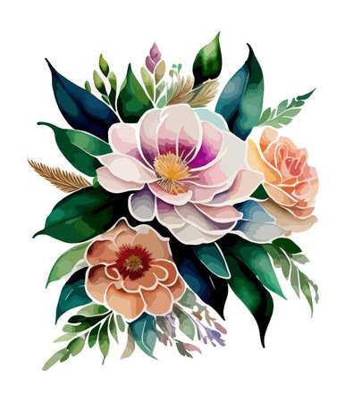 Floral bouquet with peonies, roses and leaves. Vector illustration.のイラスト素材