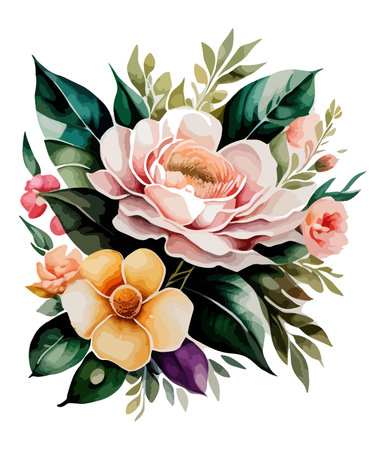 Watercolor floral bouquet with roses, leaves and flowers. Vector illustration.のイラスト素材