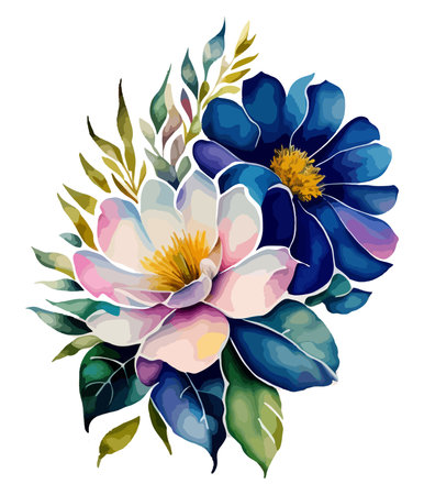 Hand drawn floral bouquet with blue and pink flowers. Vector illustration.のイラスト素材
