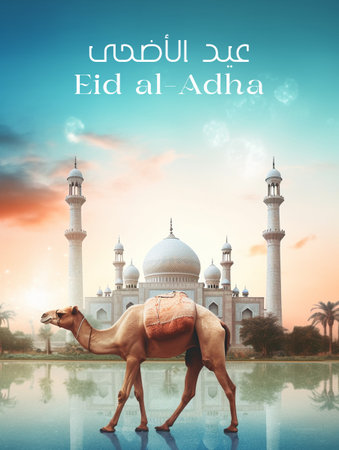 Eid Al Adha Mubarak greeting card with camel and mosqueの素材