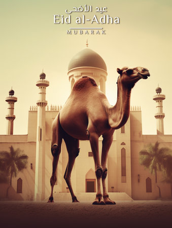 Eid Al Adha greeting card with camel in front of mosqueの素材