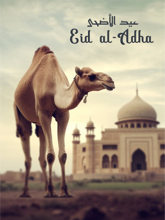 Eid Al Adha Mubarak greeting card with camel and mosqueの素材