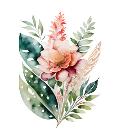 Beautiful vector image with nice watercolor tropical flowers and leaves.のイラスト素材