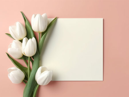 White tulips and blank card on pastel pink background, top viewの素材