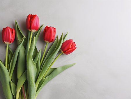 Bouquet of red tulips on grey background, copy spaceの素材