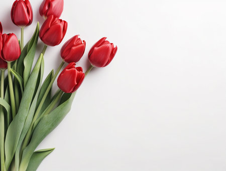 Bouquet of red tulips on white background, top viewの素材