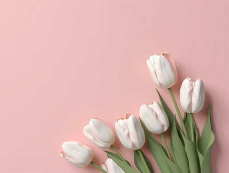 Bouquet of white tulips on pink background. Flat lay, top view, copy spaceの素材