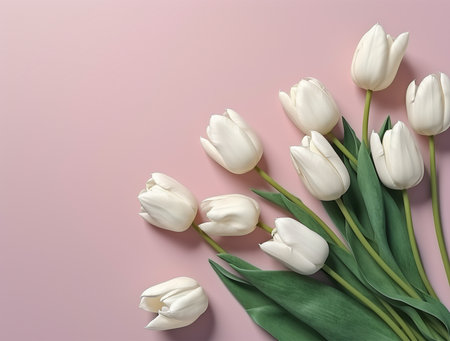 Bouquet of white tulips on a pink background. Flat lay, top view.の素材