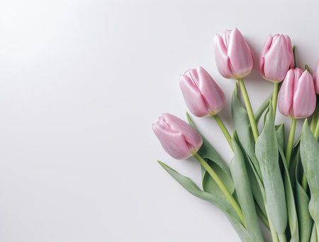 Bouquet of pink tulips on white background. Flat lay, top viewの素材