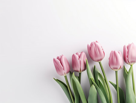 Bouquet of pink tulips on white background, top viewの素材
