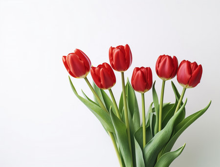 Bouquet of red tulips on a white background. Place for text.の素材
