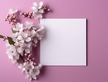 Blank card with cherry blossom flowers on pink background, top viewの素材
