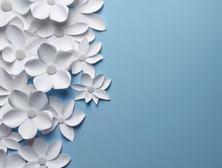 White paper flowers on blue background. Copy space for your text.の素材