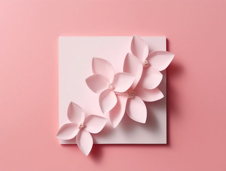 Creative layout made of paper flowers on pink background. Flat lay, top view minimal concept.の素材
