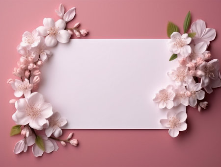 Blank card with cherry blossoms on pink background, top viewの素材