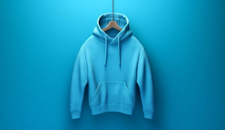 Blue hoodie hanging on a hanger on a blue background. 3d renderingの素材