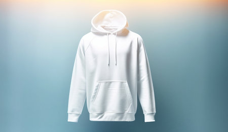Blank white hoodie mockup on blue background. 3D renderingの素材