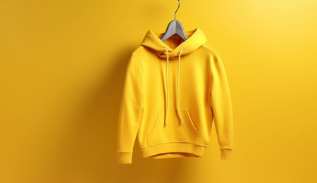 Yellow hoodie on a hanger on a yellow background. Mockupの素材