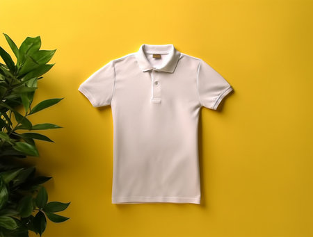 White polo shirt on yellow background, top view. Mockup for designの素材