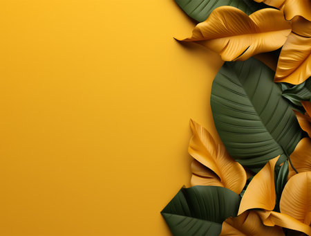 Creative layout made of tropical leaves on yellow background. Flat lay, top view, copy spaceの素材