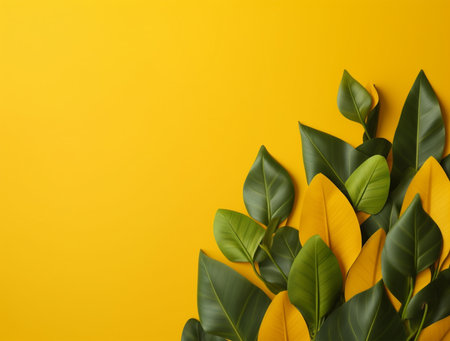Ficus leaves on yellow background, flat lay. Space for textの素材