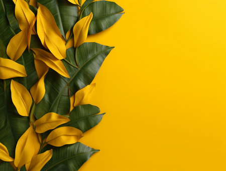 Creative layout made of tropical leaves on yellow background. Flat lay, top view, copy spaceの素材