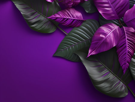 Tropical leaves on purple background. Realistic vector illustration.の素材