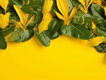 Creative layout made of tropical leaves on yellow background. Flat lay, top view, copy spaceの素材