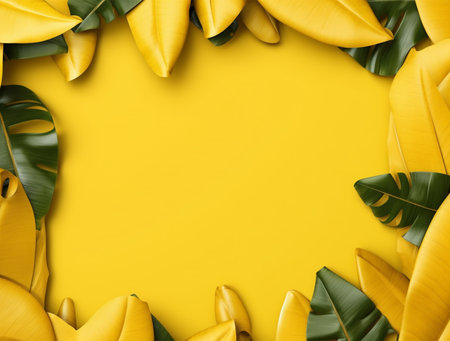 Creative layout made of tropical leaves on yellow background. Flat lay, top view, copy spaceの素材
