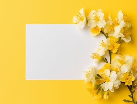 Flowers composition. Frame made of jasmine flowers on yellow background. Flat lay, top view, copy spaceの素材