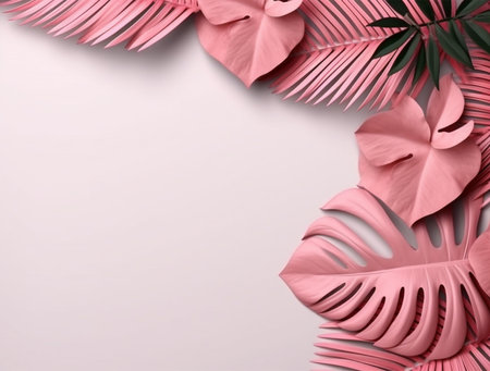 Creative layout made of tropical leaves on light background. Flat lay, top view, copy spaceの素材