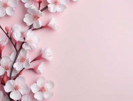 Cherry blossom flowers on pastel pink background with copy spaceの素材