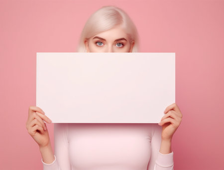 Blonde woman hiding behind blank white sheet of paper on pink backgroundの素材