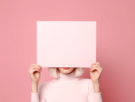 Young woman hiding her face behind blank sheet of paper on pink backgroundの素材