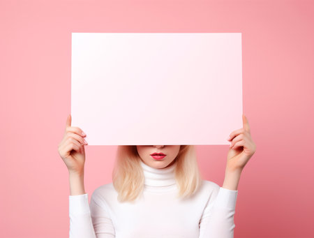 Blonde woman hiding behind a white sheet of paper on a pink backgroundの素材