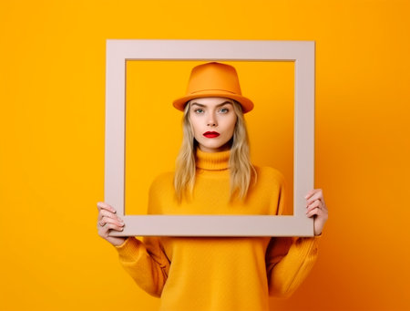 portrait of young woman in orange hat and sweater holding frame on yellow backgroundの素材