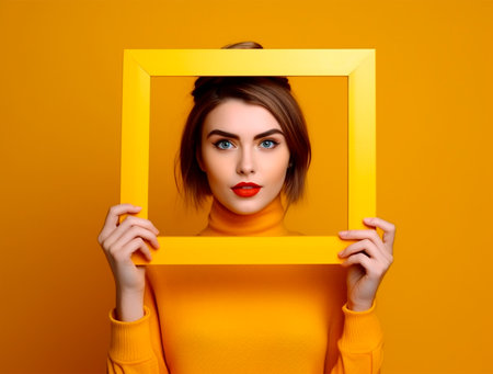 Portrait of a beautiful young woman in yellow sweater with frame on yellow backgroundの素材