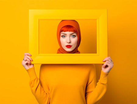 Portrait of a beautiful young woman in a red headscarf and yellow sweater with a frame on a yellow backgroundの素材
