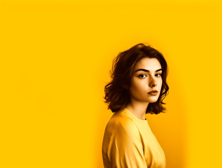 Portrait of a beautiful young woman on a yellow background. Beauty, fashion.の素材