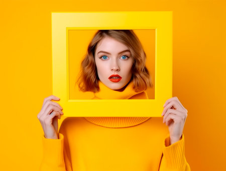 Portrait of a beautiful young woman in a yellow sweater on a yellow background.の素材