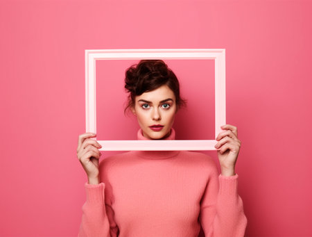 Young beautiful woman in pink sweater holding frame and looking at camera on pink backgroundの素材