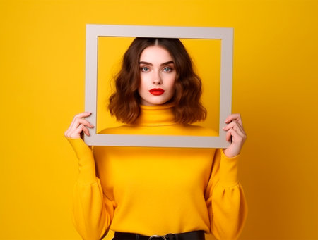 Portrait of a beautiful girl in a yellow sweater with a frame on a yellow backgroundの素材