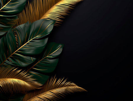 Tropical black background with golden palm leaves. Vector illustration.の素材