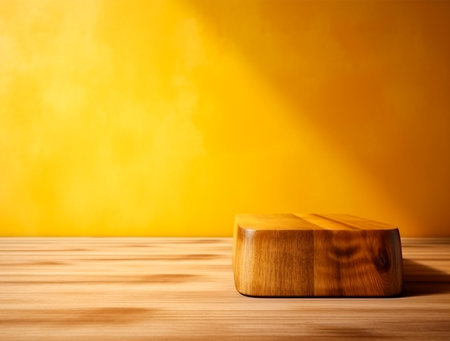 Wooden podium on a wooden table against a yellow background. Copy space.の素材